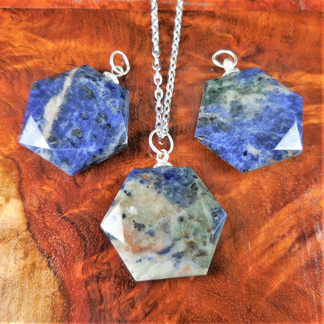 Sodalite Necklace - Faceted Crystal Cabochon - Blue Gemstone Hexagon Pendant - Stone (A2) Healing Crystals and Stones Jewelry