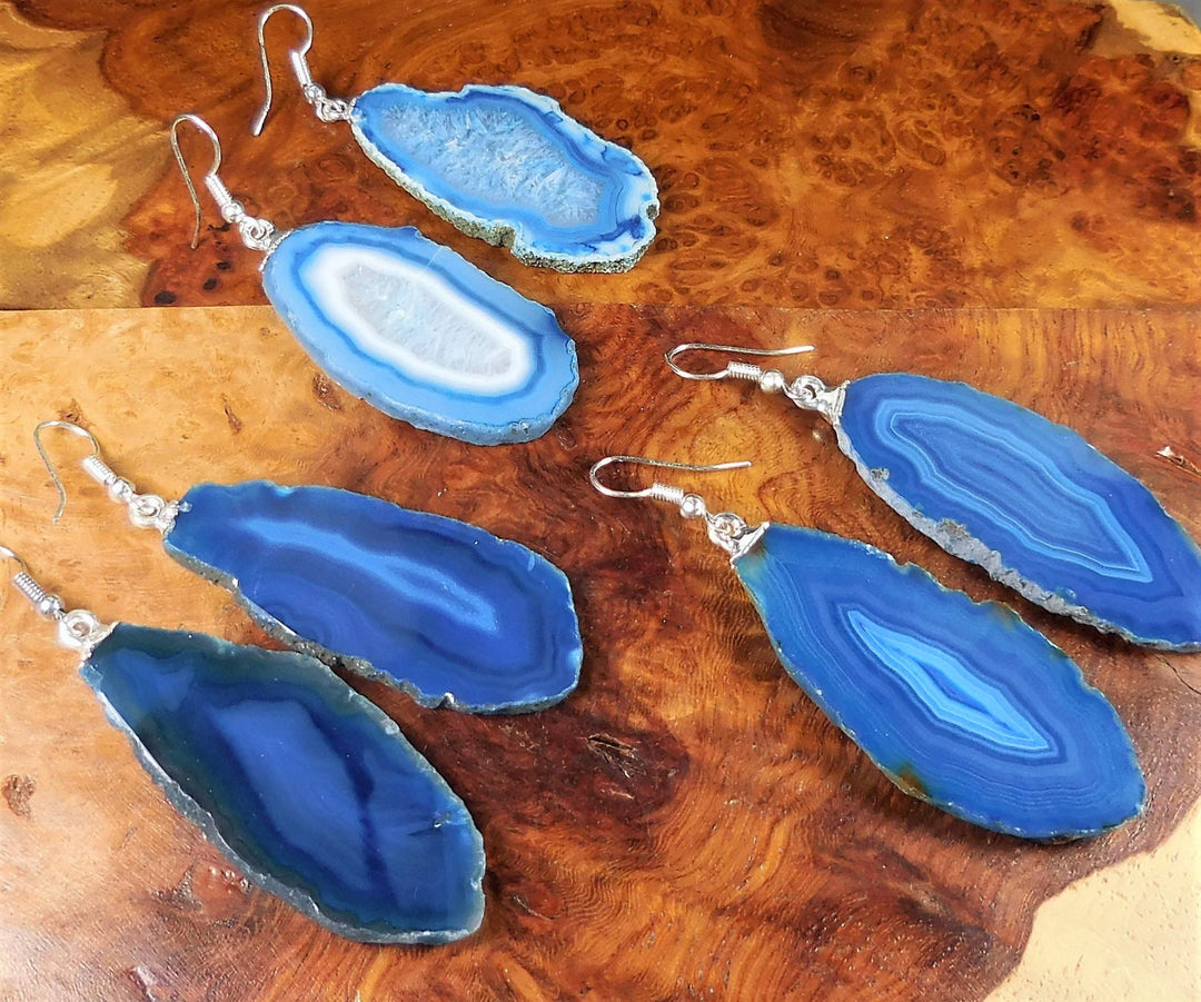 Blue Agate Slice Earrings Silver Hooks