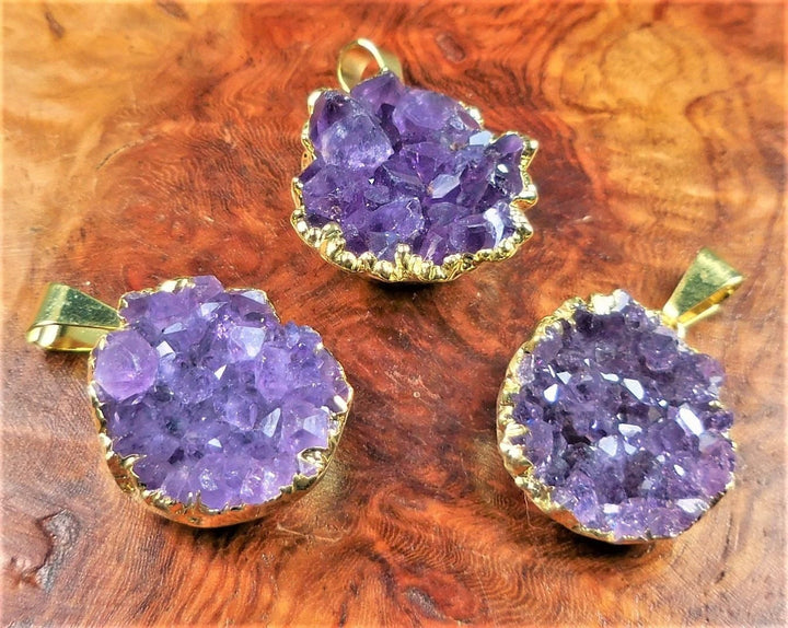 Druzy Amethyst Necklace Pendant - Petite Gold Crystal Cluster