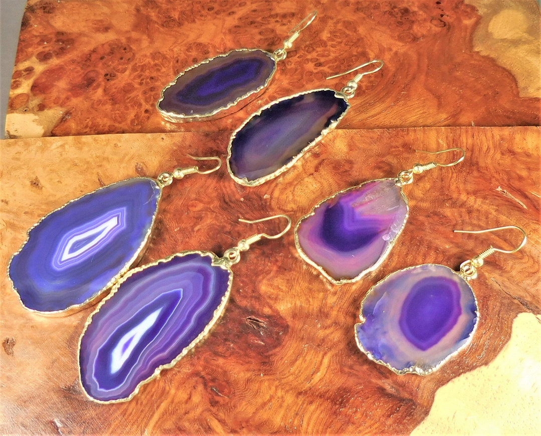 Purple Agate Slice Earrings Gold