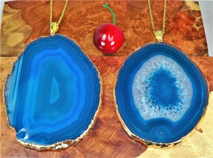 Agate Slice Necklace - Extra Large Teal Crystal Slab Pendant - XL Gold Plated Gemstone Jewelry