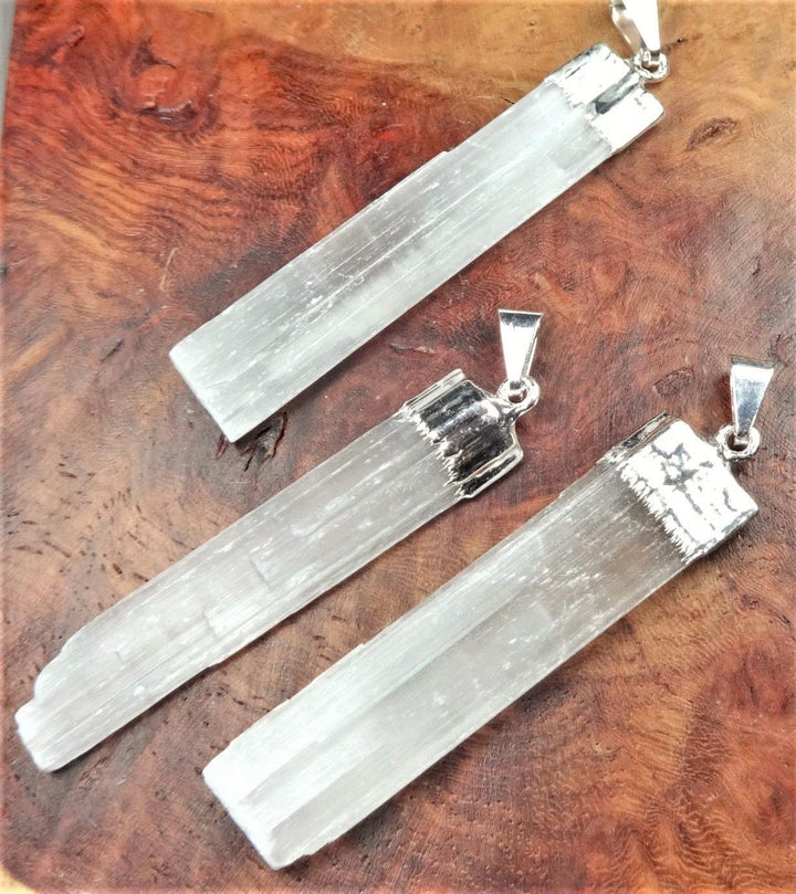 Selenite Crystal Point Necklace Pendant - Silver