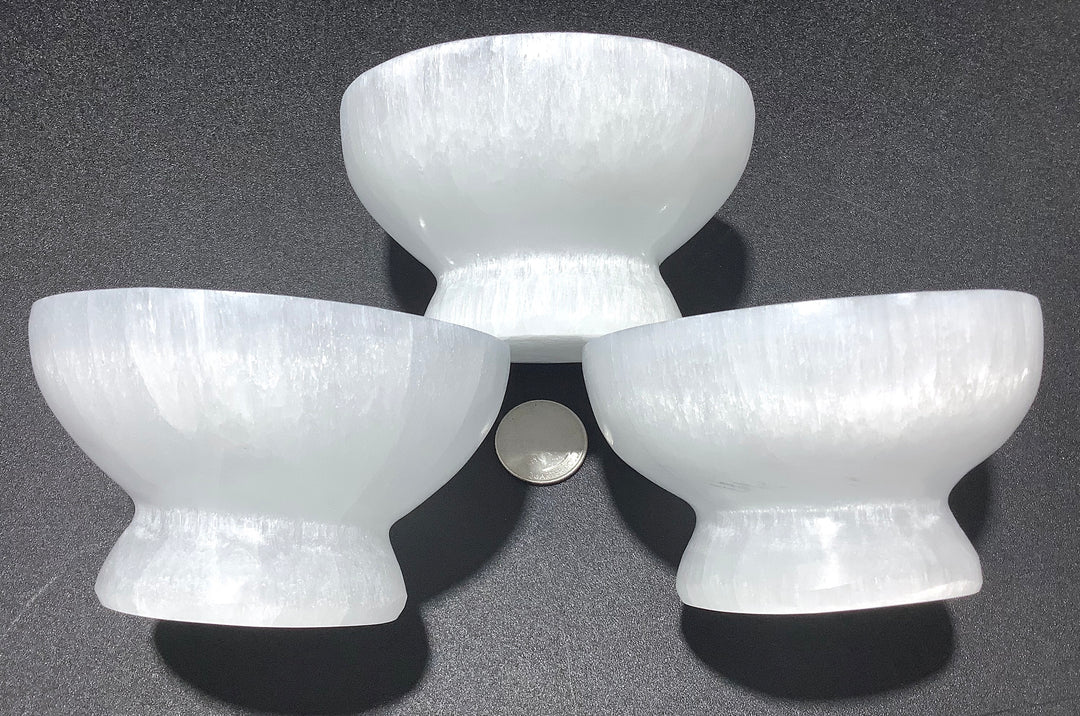 Selenite Crystal Bowl with Pedestal - Carved Gemstone Polished Stone Dish