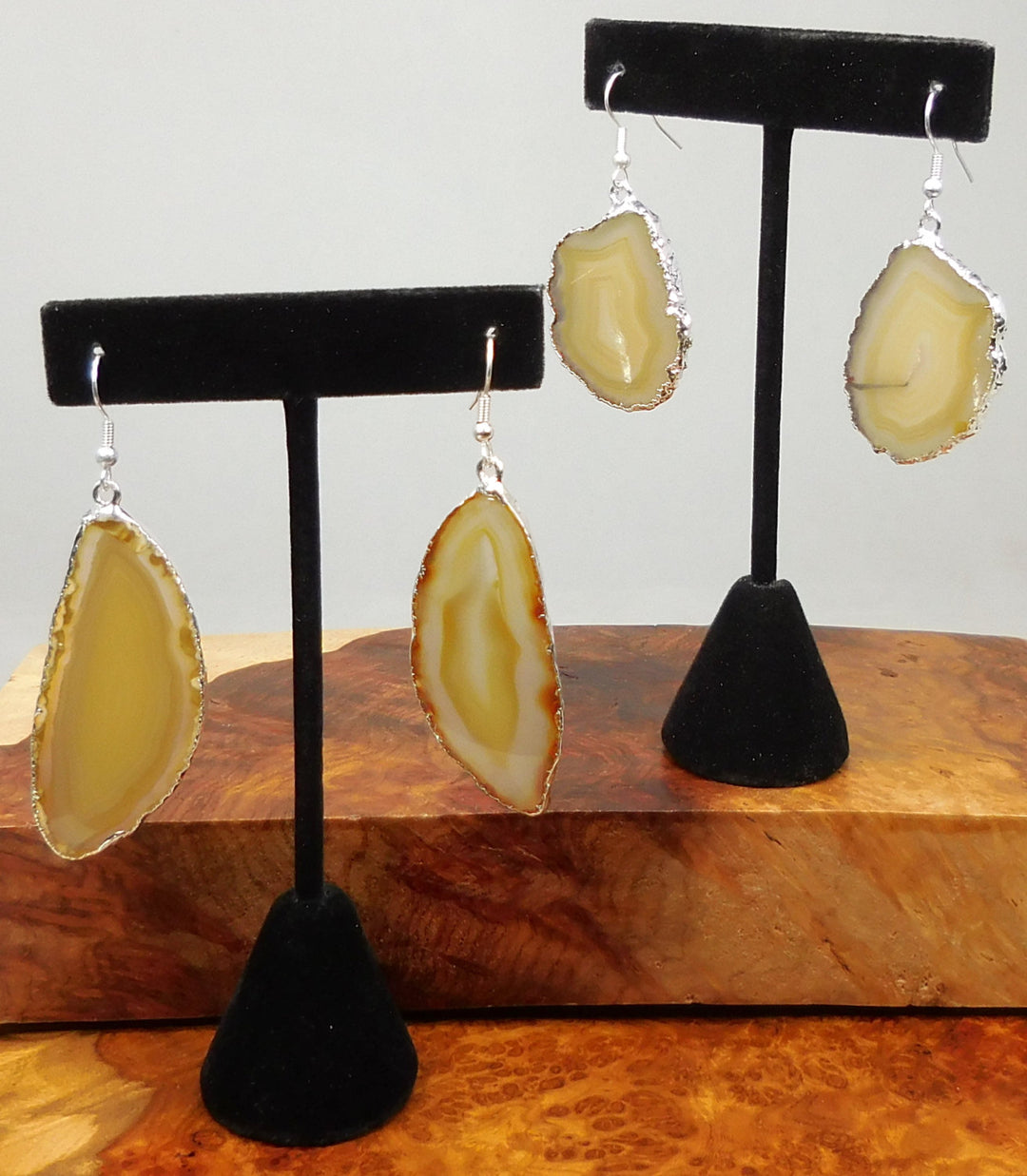 Natural Brown Agate Slice Earrings Pair Silver Hooks and Edges CR10 Healing Crystals And Stones
