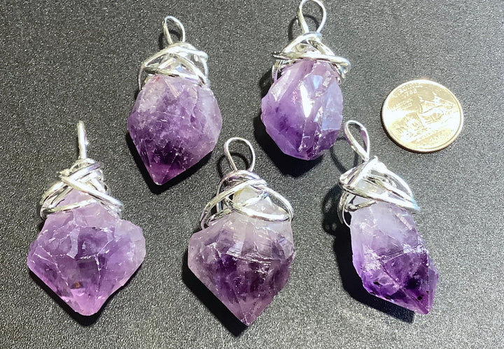 Bulk Wholesale Lot (5 Pcs) Wire Wrapped Amethyst Crystal Point Silver