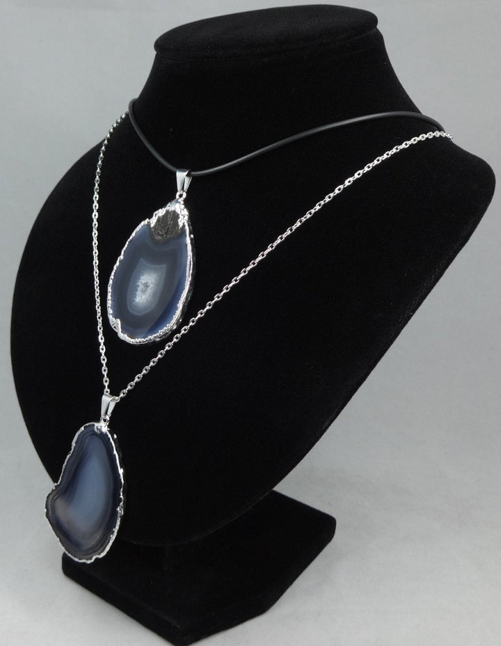 Black Agate Slice Necklace Pendant Silver