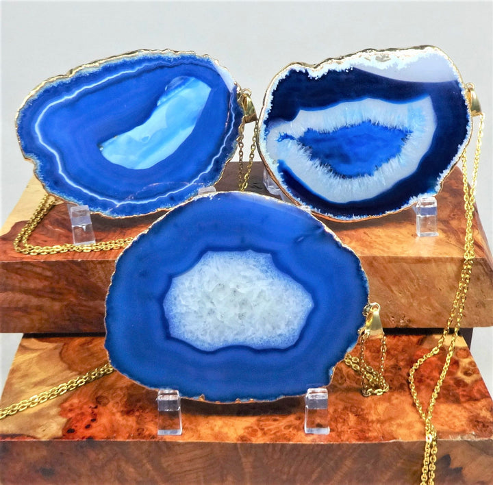 Large Blue Agate Slice Pendant Gold Plated