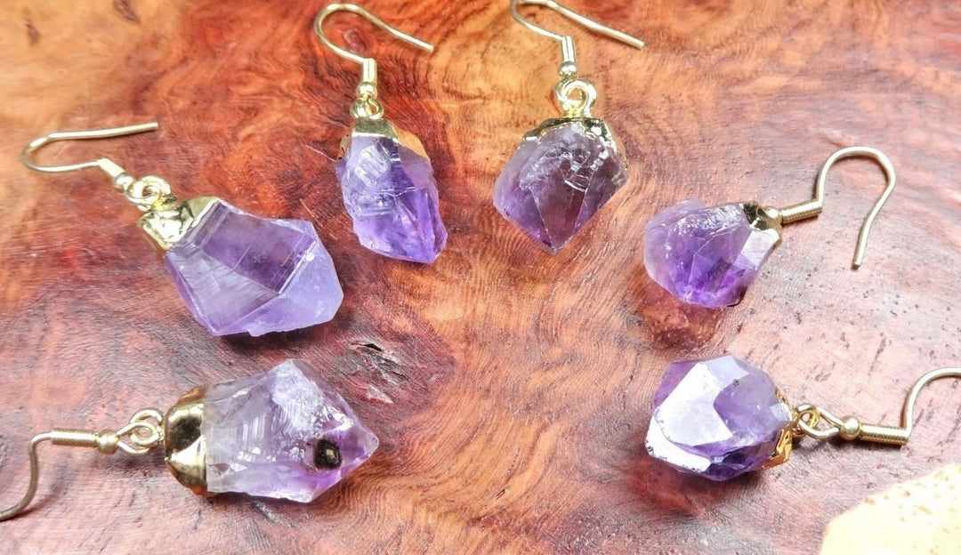 Amethyst Earrings - Purple Crystal Point Set - Gold Plated Gemstone Jewelry