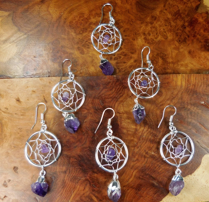Dream Catcher Earrings - Purple Amethyst Crystal Point - Silver Plated Hooks Jewelry