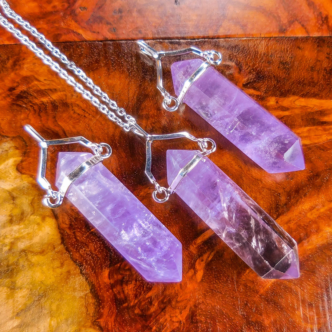 Amethyst Crystal Point Necklace Pendant - Silver Swivel