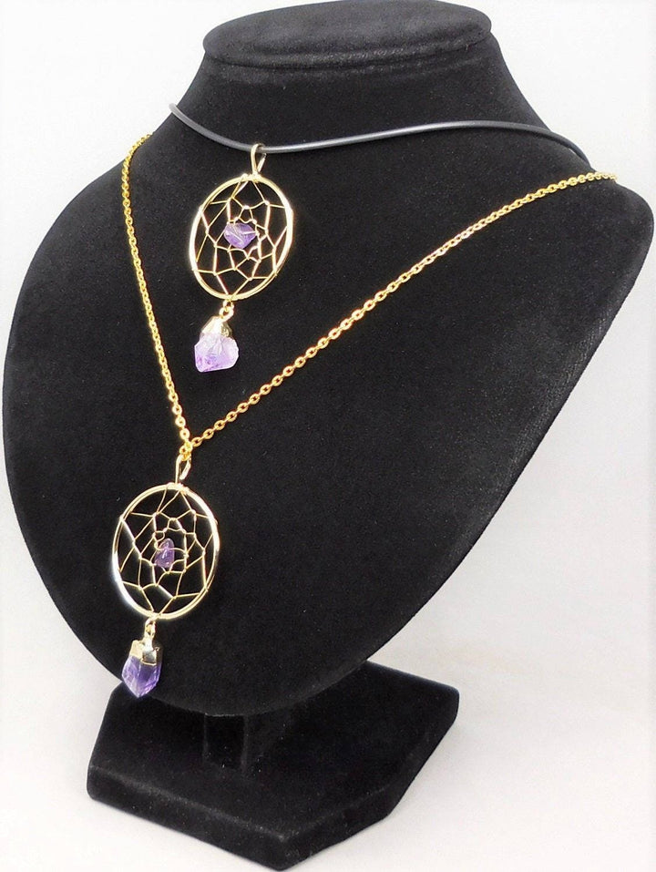 Dreamcatcher Pendant Amethyst Crystal Gold Plated Necklace Charm Gemstone Healing Crystals and Stones