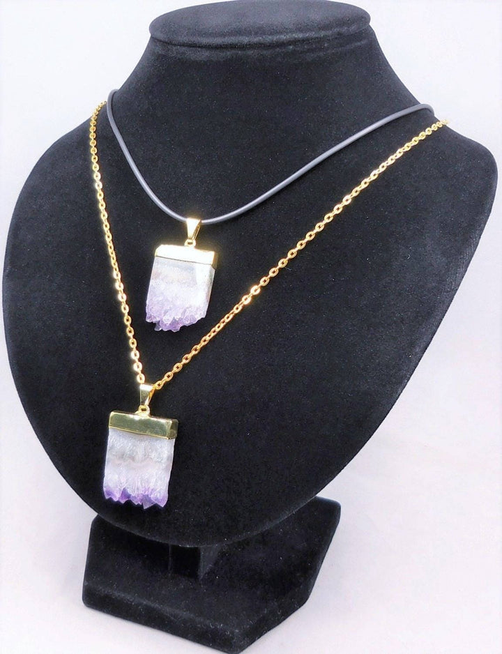 Amethyst Druzy Crystal Slice Pendant - Natural Gemstone Slab Necklace Charm Gold