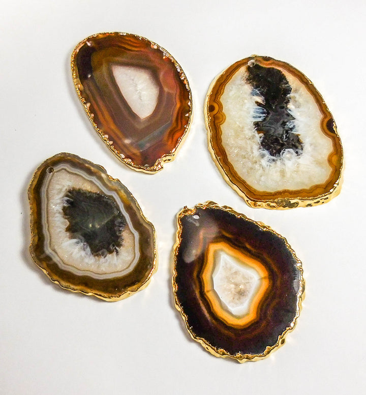 Drilled Agate Slice Gold Plated ( 3 - 4 inches ) Brown / Black 2mm Hole