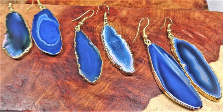 Blue Agate Slice Earrings - Gold
