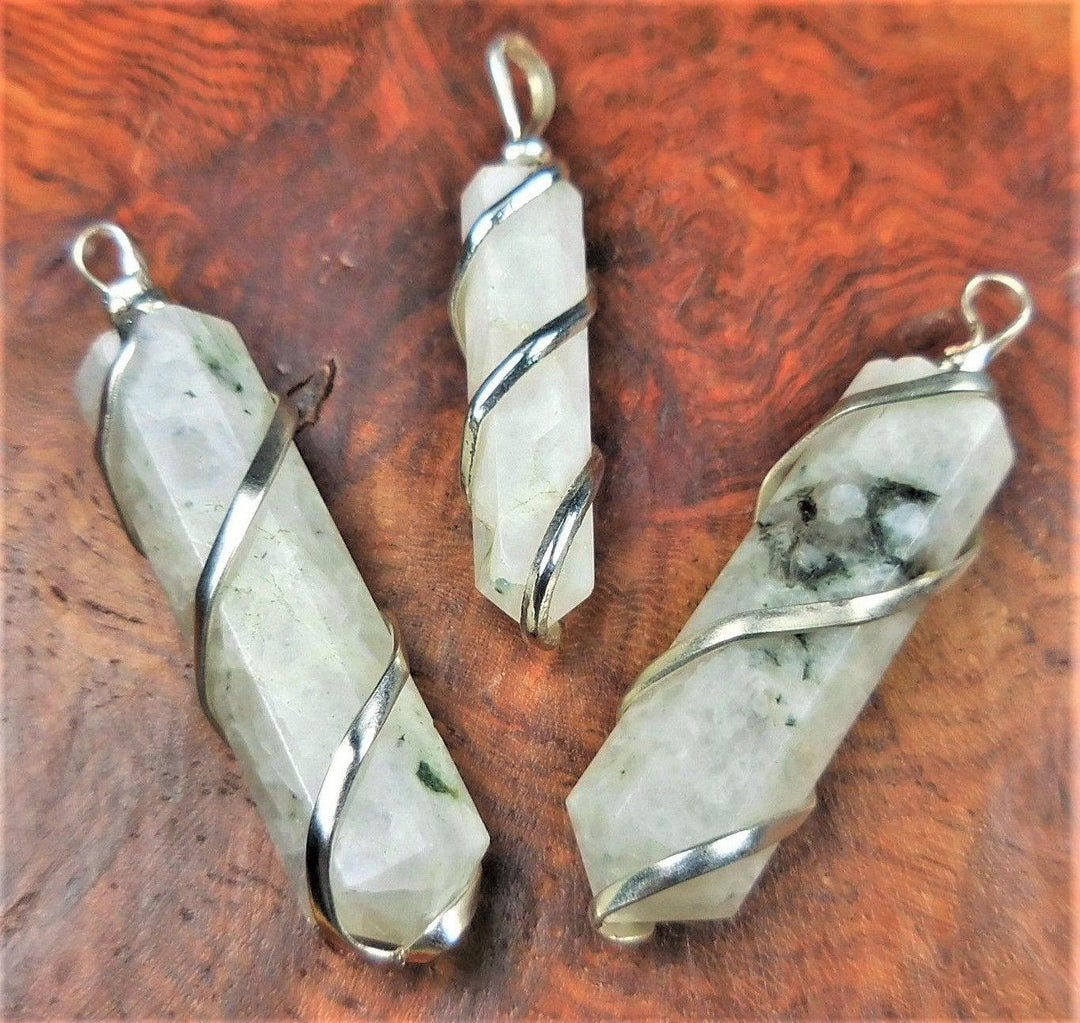 Moonstone Necklace - Natural Gemstone Point Pendant - Spiral Wire Wrapped Crystal Earrings CR3 Healing Crystals and Stones Jewelry