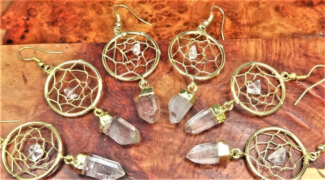 Dreamcatcher Earrings Clear Quartz Crystal Point Gold Hooks Jewelry Healing Crystals And Stones