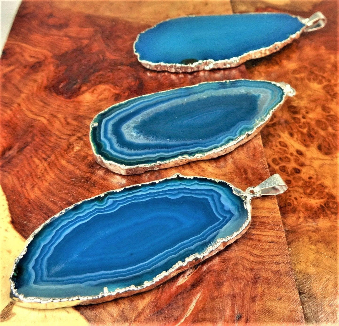 Agate Slice Pendant ( Teal / Silver Plated ) Necklace Jewelry Healing Crystals And Stones
