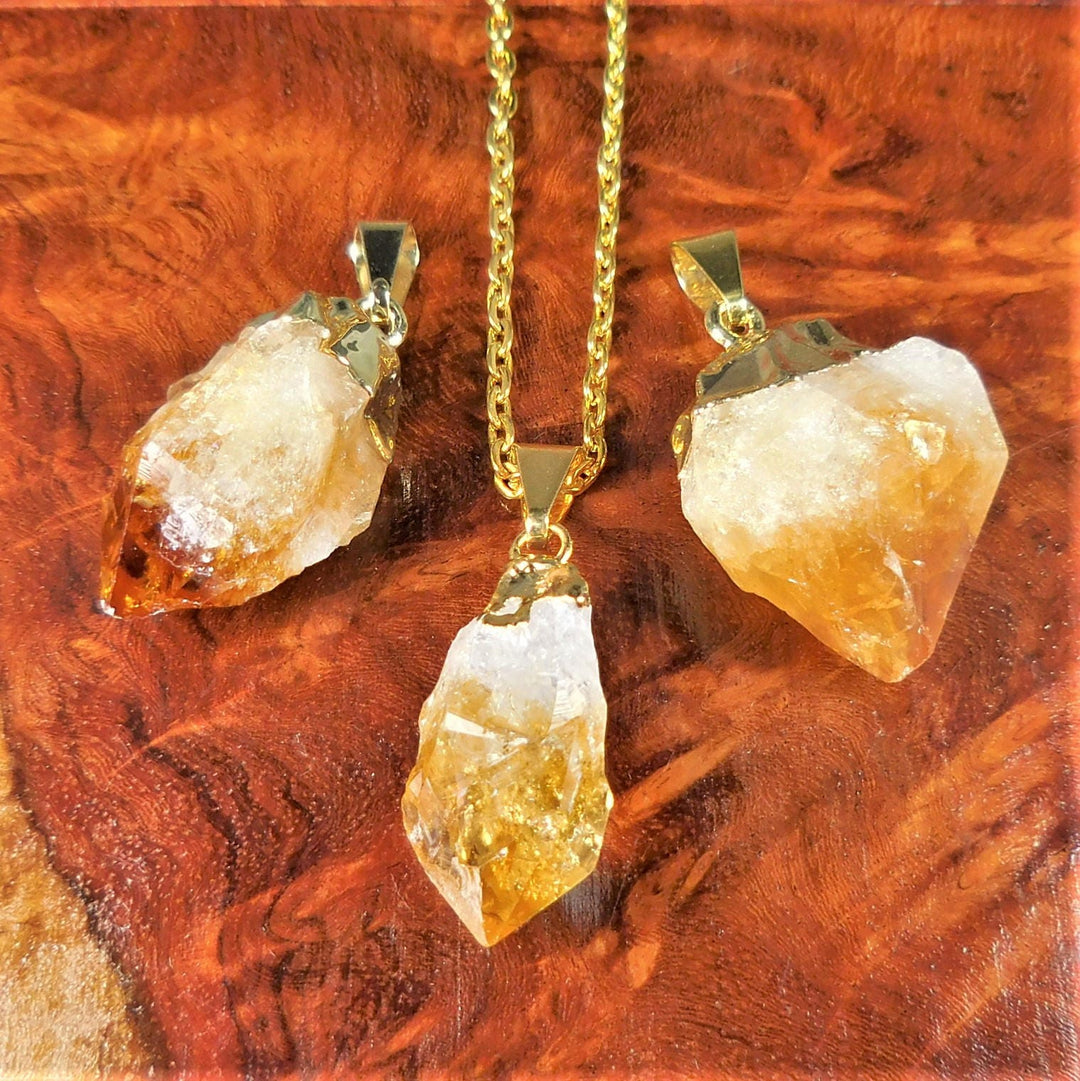 Citrine Crystal Pendant Gold Plated Raw Natural Rough Stone (LR26)