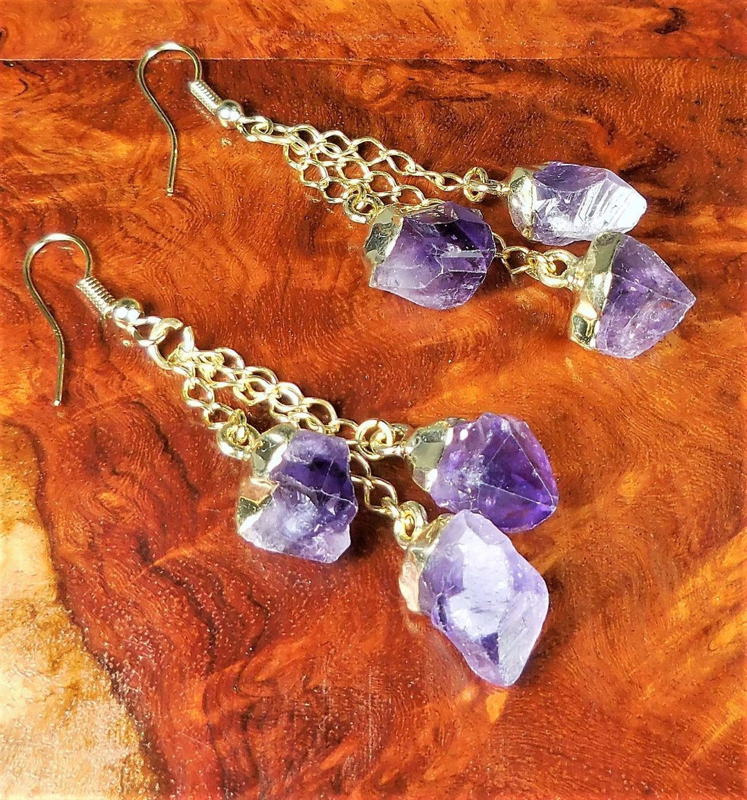Amethyst Earrings Purple Triple Crystal Point Gold Dangle Earring Hooks Jewelry Healing Crystals And Stones