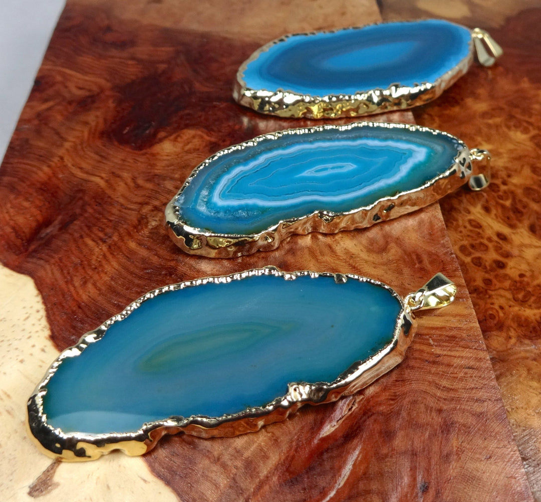 Agate Slice Necklace - Teal Crystal Pendant - Natural Gemstone Slab Gold Plated Jewelry
