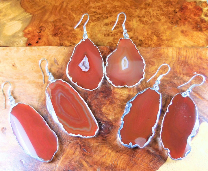 Red Agate Slice Earrings Pair with Silver Plated Edges Jewelry Healing Crystals And Stones