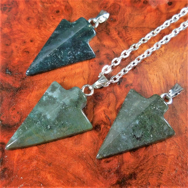 Arrowhead Necklace - Petite Green Moss Agate Pendant - Carved Arrow Charm Polished Stone Earrings (A19) Healing Crystals and Stones Jewelry