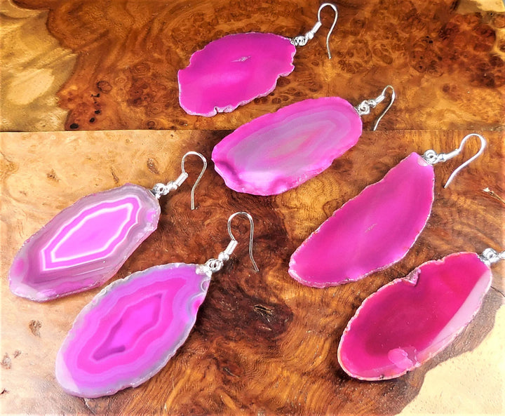 Pink Agate Slice Earrings Silver Hooks