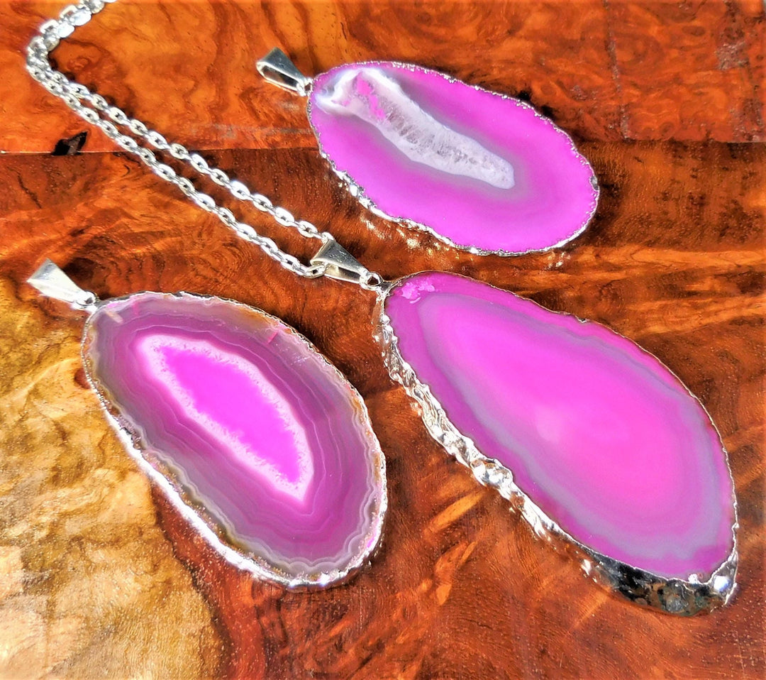 Agate Slice Necklace - Pink Crystal Slab Pendant - Natural Silver Plated Gemstone Jewelry
