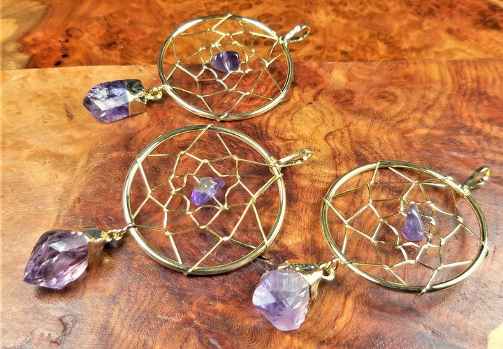 Dreamcatcher Pendant Amethyst Crystal Gold Plated Necklace Charm Gemstone Healing Crystals and Stones