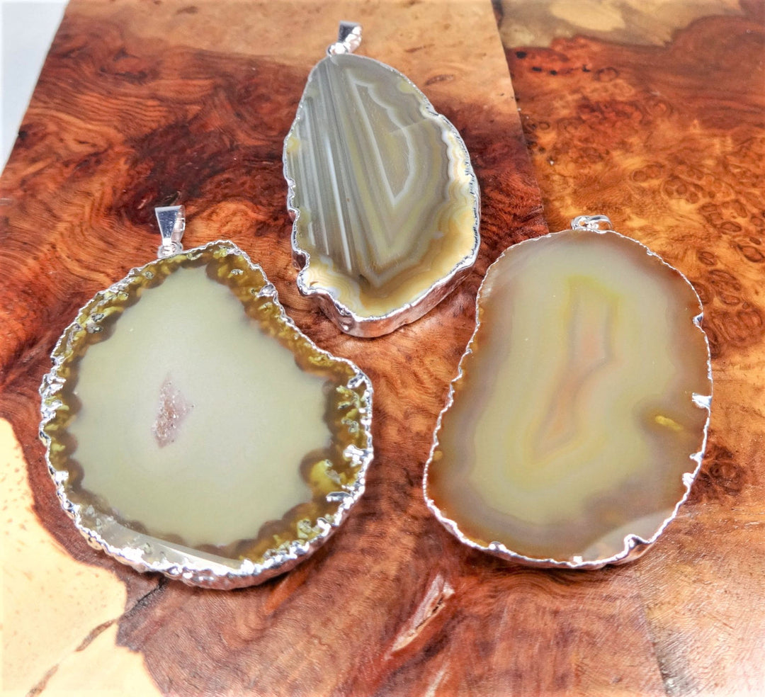 Agate Slice Necklace Pendant - Natural Crystal Silver