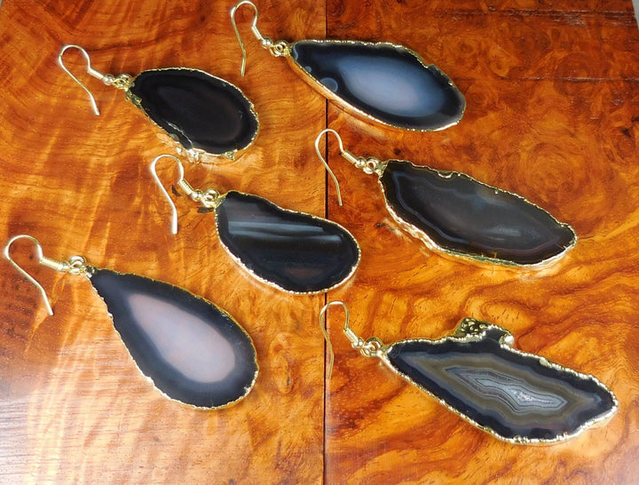 Black Agate Slice Earring Pair Gold Plated Stainless Hooks Healing Crystals And Stones