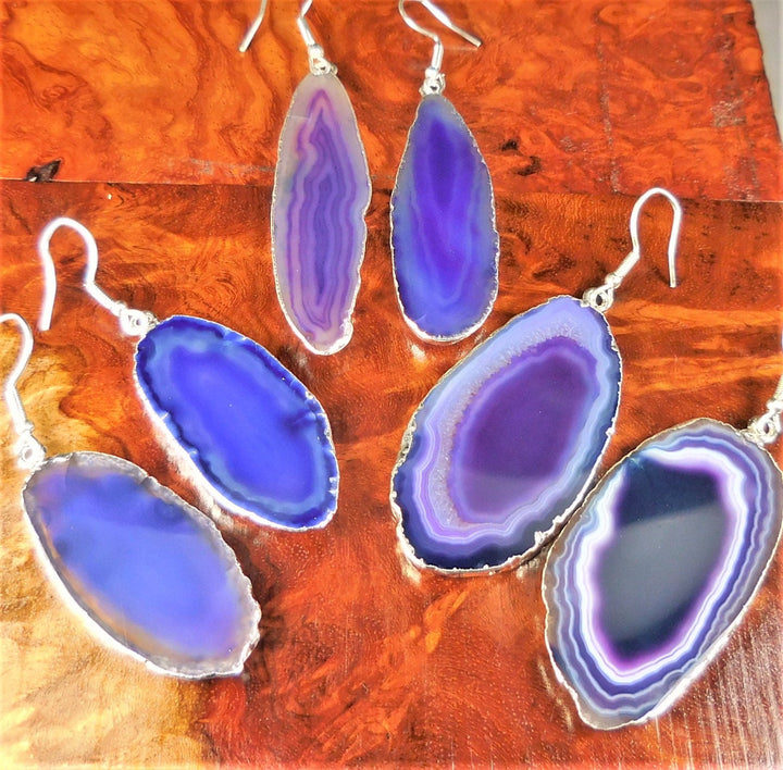Agate Slice Earrings - Purple Crystal Slab Earring Set - Silver Hooks Stone Jewelry