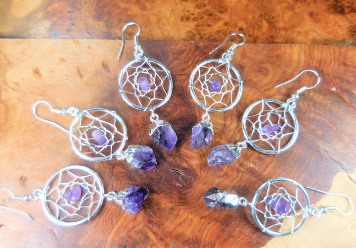 Dream Catcher Earrings - Purple Amethyst Crystal Point - Silver Plated Hooks Jewelry