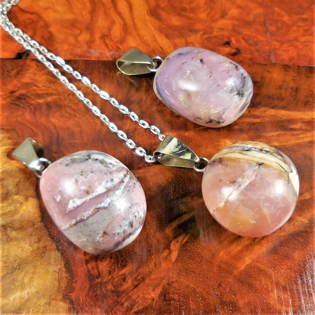 Pink Opal Necklace - Large Tumbled Gemstone Pendant - Polished Crystal Charm Gemstone (A2) Healing Crystals and Stones Jewelry