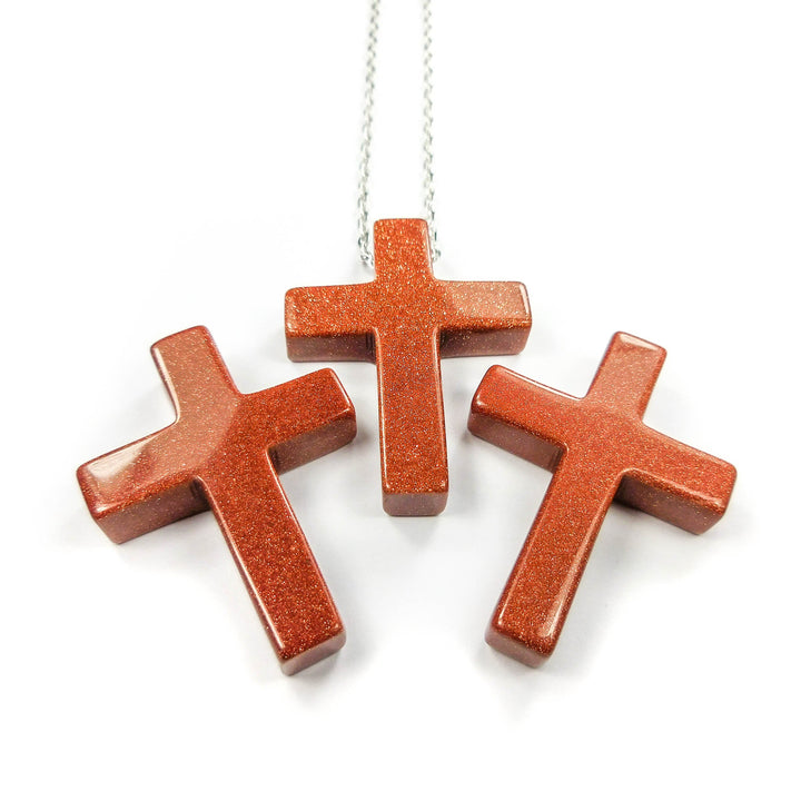 Cross Necklace - Large Red Goldstone Pendant - 2mm Drilled Gemstone Bead - Colored Glass Beads (Z21) Spiritual Polished Stones Faith Charm