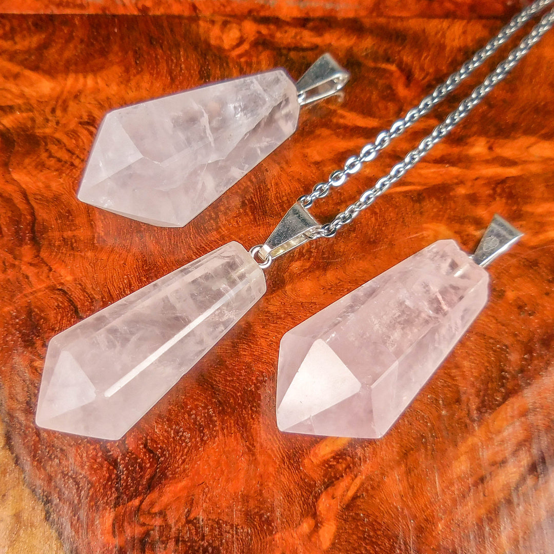 Rose Quartz Necklace - Faceted Gemstone Point Pendulum Pendant - Pink Polished Crystal (A5) Healing Crystals and Stones Jewelry