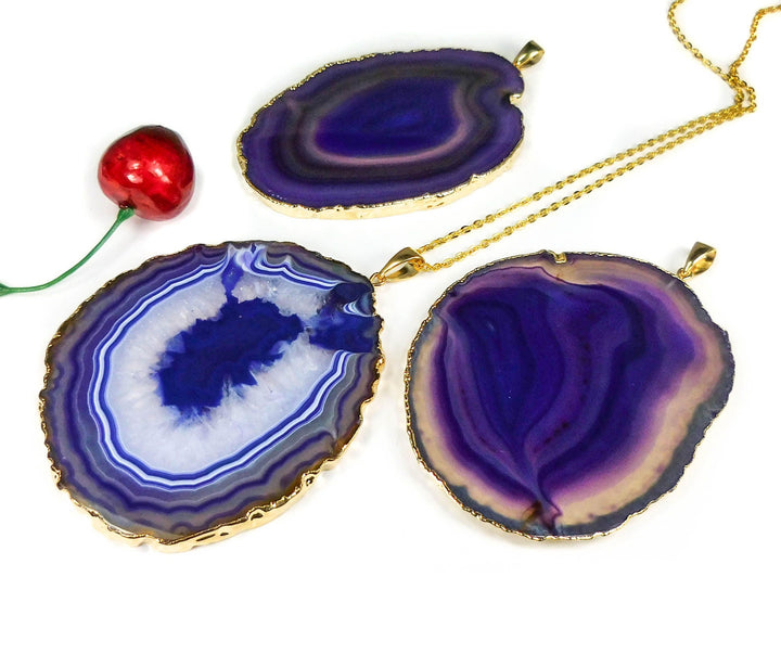 Agate Slice Necklace - Extra Large Purple Crystal Slab Pendant - XL Gold Plated Gemstone Jewelry