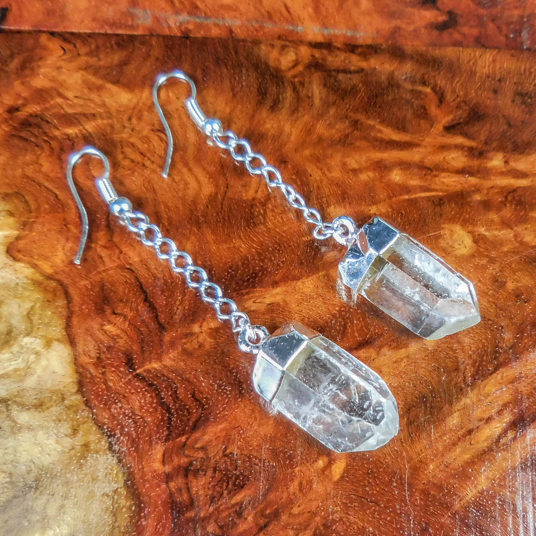 Quartz Earrings - Raw Crystal Point - Silver Chain Dangle Earring Hooks Jewelry