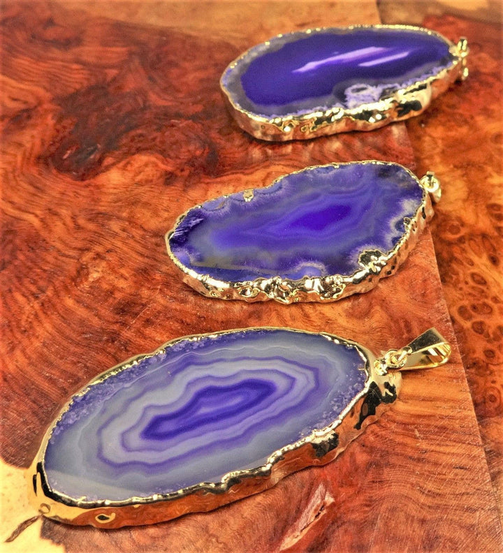 Purple Agate Slice Necklace Pendant Gold