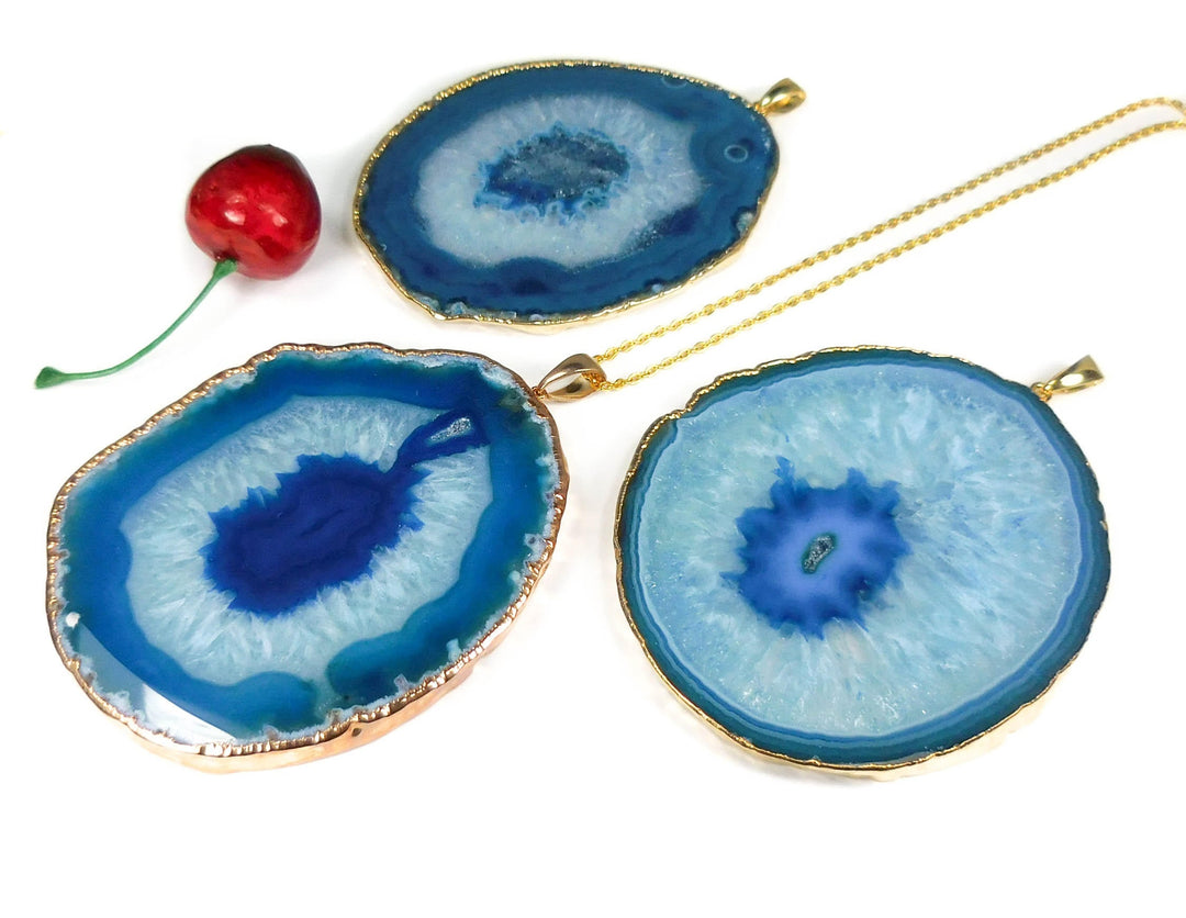 Agate Slice Pendant Extra Large Gold Plated (Blue)(3-4 Inches Long)
