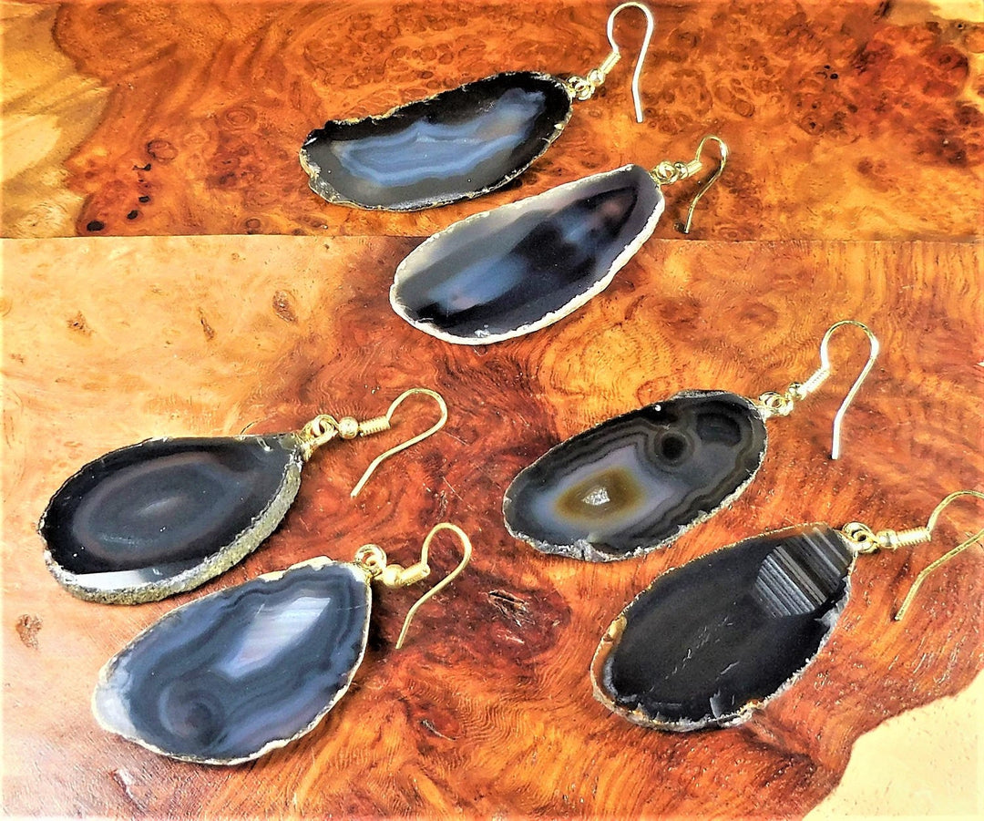 Black Agate Slice Earrings Gold Hooks