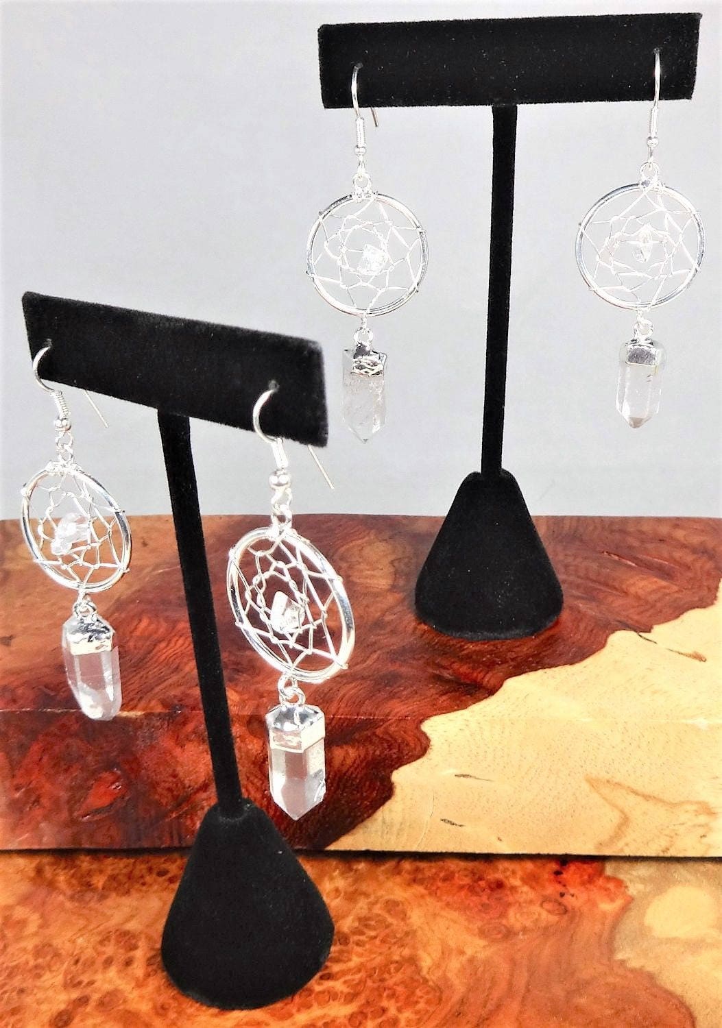 Dream Catcher Earrings - Clear Quartz Crystal Point Charm Silver Plated Hooks