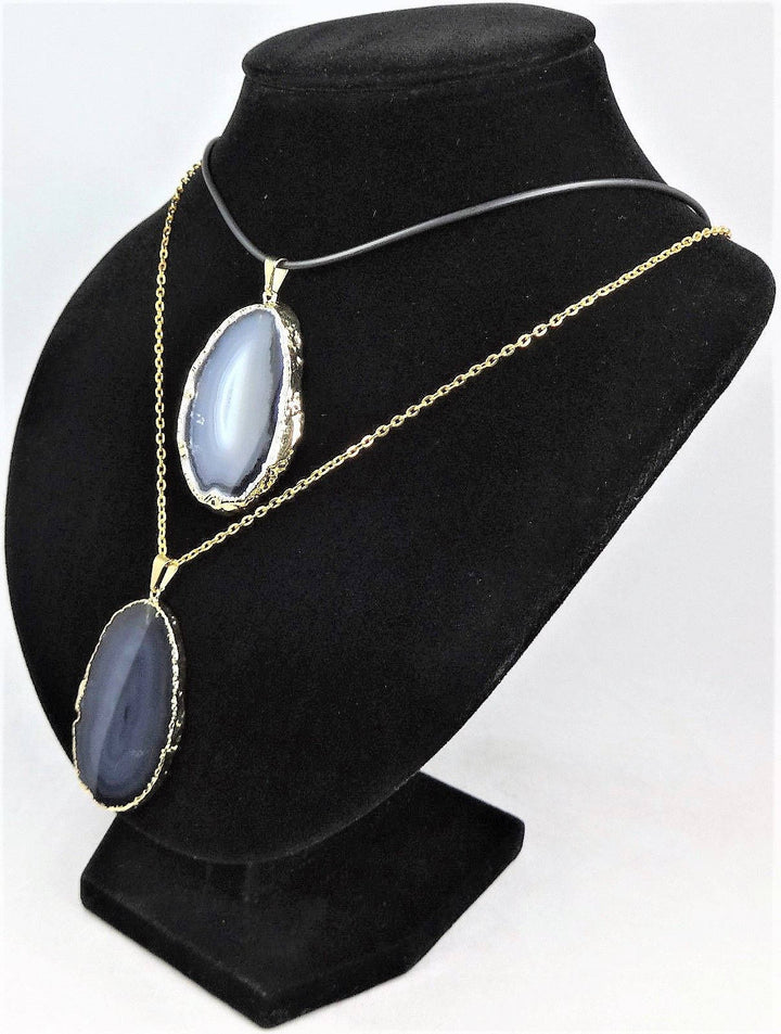 Black Agate Slice Crystal Pendant Polished Gold Plated Necklace Charm Healing Crystals and Stones