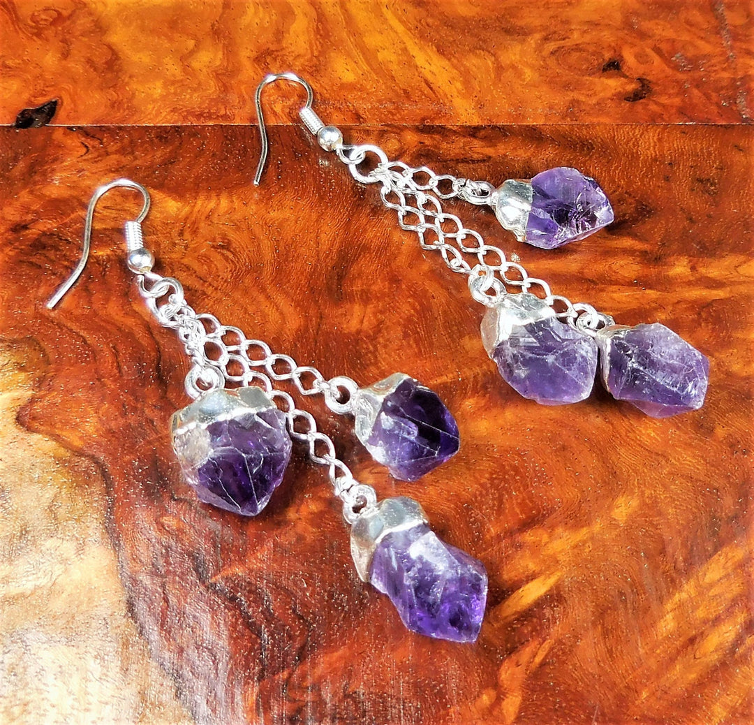 Long Amethyst Crystal Point Earrings Pair Silver Plated Dangle Jewelry (LR54) Healing Crystals And Stones