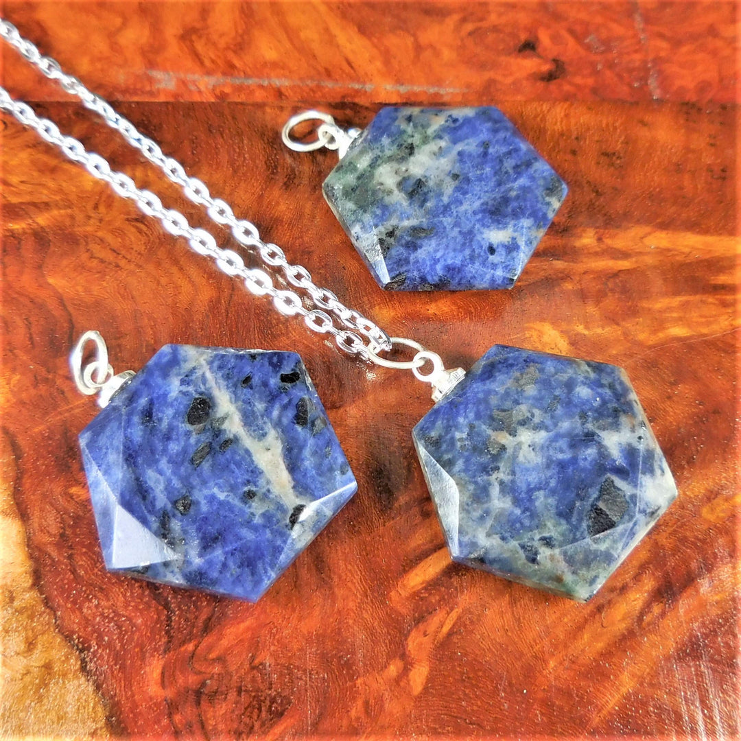 Sodalite Necklace - Faceted Crystal Cabochon - Blue Gemstone Hexagon Pendant - Stone (A2) Healing Crystals and Stones Jewelry