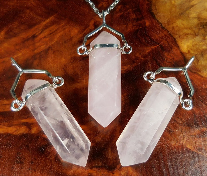 Rose Quartz Necklace - Pink Crystal Point Pendant - Double Terminated Silver Swivel Gemstone CR6 Healing Crystals Stones Jewelry