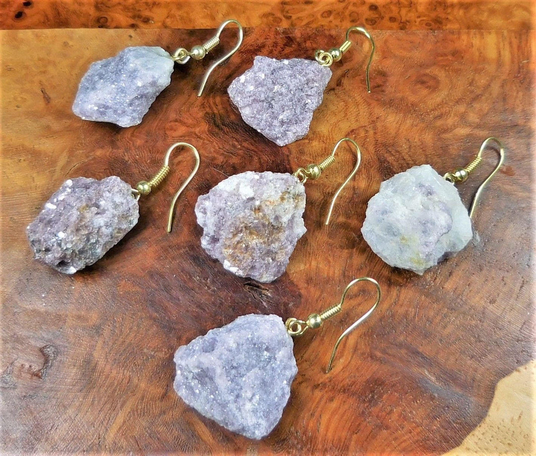 Lilac Lepidolite Earrings - Raw Crystal Gold