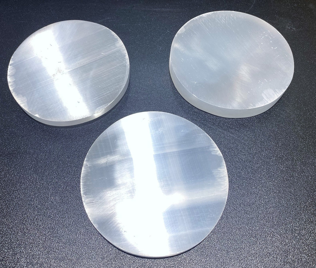 Selenite Charging Plate - 4 inches Polished Crystal Slice Circle - Carved Gemstone Slab
