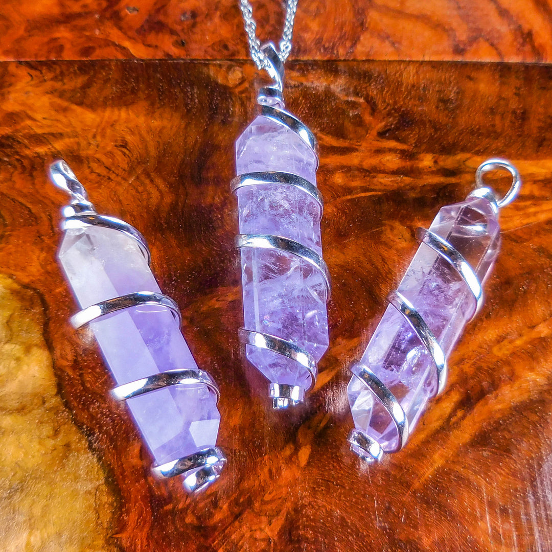 Amethyst Necklace Pendant - Wire Wrapped Crystal Point - Silver