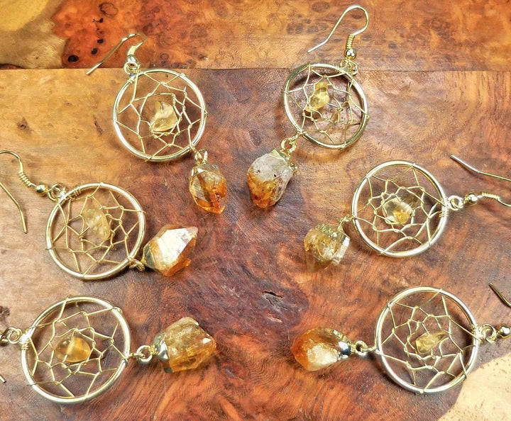 Dream Catcher Earrings Citrine Crystal Point Gemstone Gold Hooks Jewelry (LR39) Healing Crystals And Stones